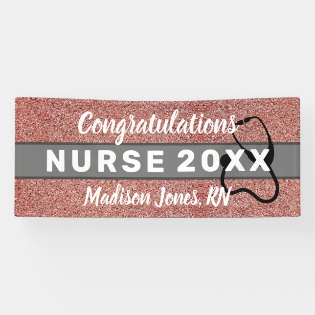 Rose Gold Glitter Nurse Graduation Class Year Name Banner (Horizontal)