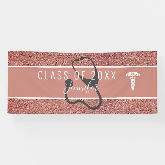 Rose Gold Glitter Nurse Graduation Stethoscope Banner (Horizontal)