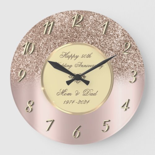 Rose Gold Glitter Ombre 50th Wedding Anniversary Large Clock