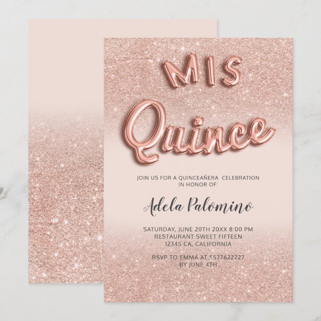 Rose gold glitter ombre balloons blush Quinceañera Invitation (Front/Back)