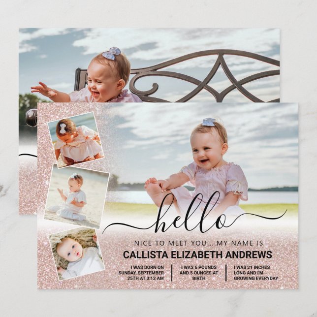 Rose Gold Glitter Ombre Birth Photo Collage Announcement (Front/Back)