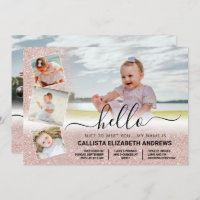 Rose Gold Glitter Ombre Birth Photo Collage Announcement