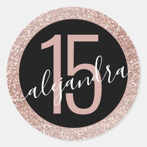 Rose Gold Glitter Ombre Black Quince Aos Favor Classic Round Sticker