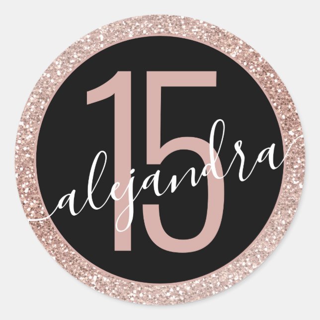 Rose Gold Glitter Ombre Black Quince Años Favor Classic Round Sticker (Front)