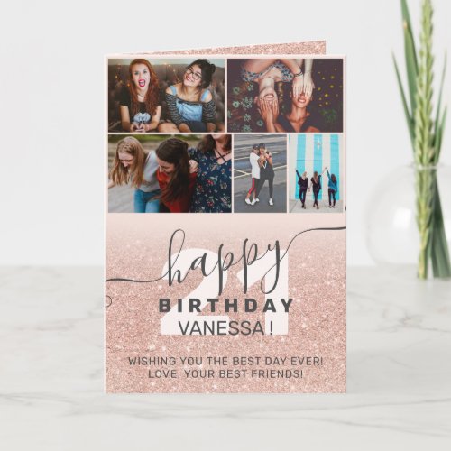 Rose gold glitter ombre blush birthday photos grid card