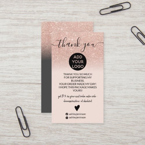 Rose gold glitter ombre blush order thank you business card