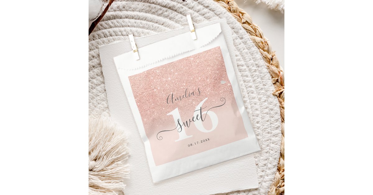 Rose gold glitter ombre blush pink script Sweet 16 Favor Bag | Zazzle