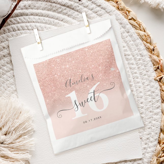 Rose gold glitter ombre blush pink script Sweet 16 Favor Bag (Rose gold glitter ombre blush pink script Sweet 16 Favor Bag)