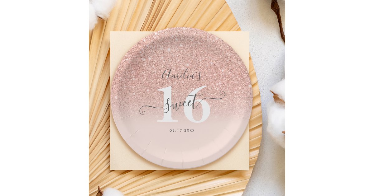 Rose gold glitter ombre blush pink script Sweet 16 Paper Plates | Zazzle