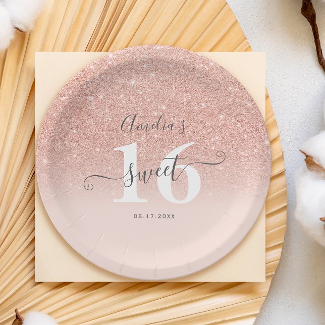 Rose gold glitter ombre blush pink script Sweet 16 Paper Plates (Rose gold glitter ombre blush pink script Sweet 16 Paper Plates)