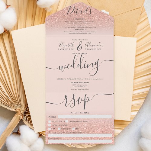 Rose gold glitter ombre blush pink script wedding all in one invitation