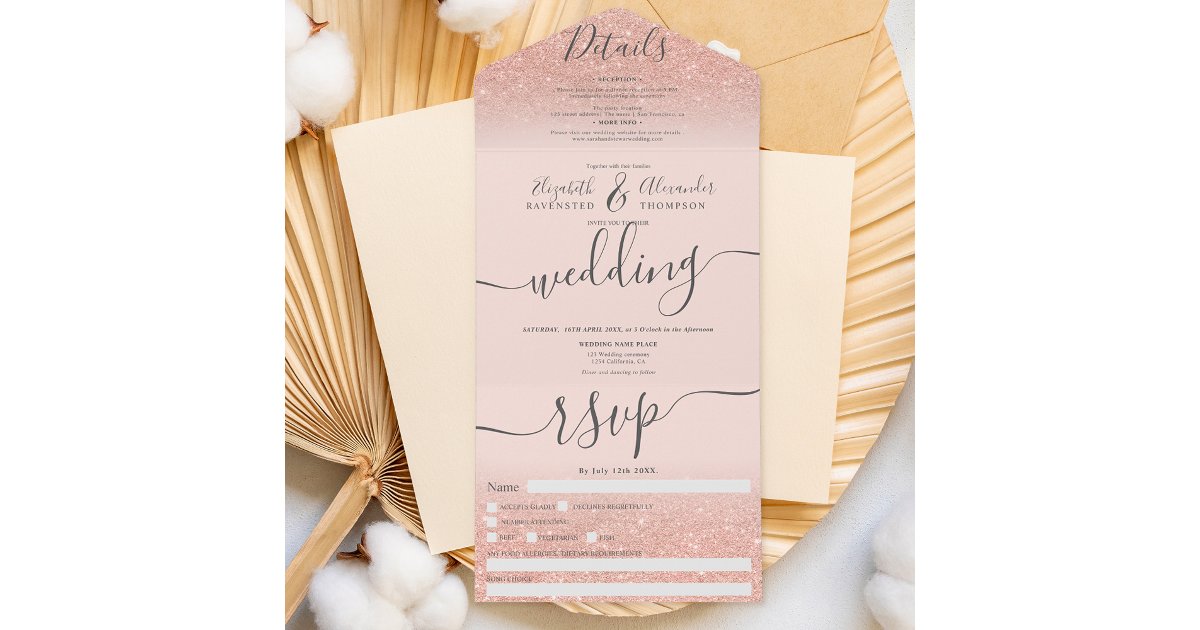 Rose gold glitter ombre blush pink script wedding all in one invitation ...