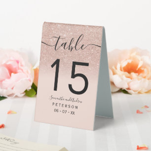 Rose gold glitter ombre blush pink wedding table tent