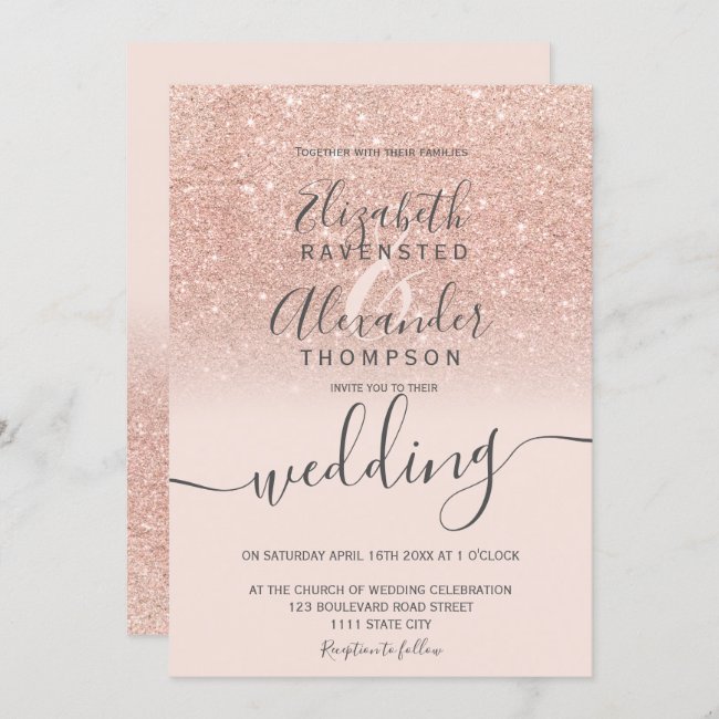 Rose gold glitter ombre blush script chic wedding invitation