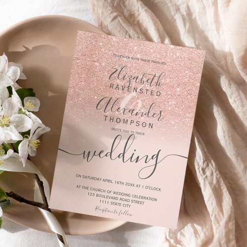 Rose gold glitter ombre blush script chic wedding invitation