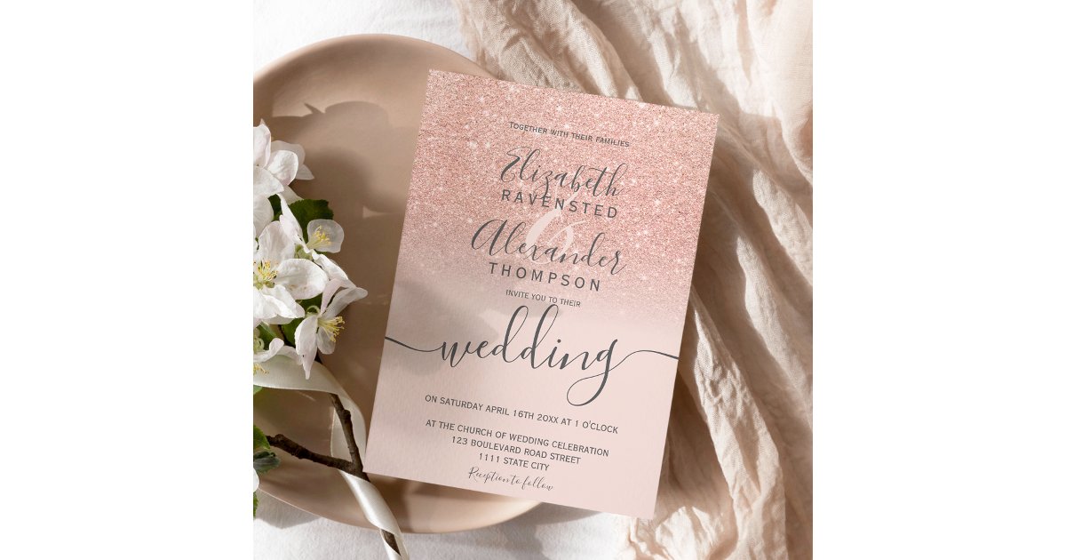 Rose gold glitter ombre blush script chic wedding invitation | Zazzle