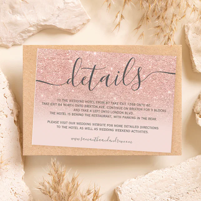 Rose gold glitter ombre blush script details enclosure card | Zazzle