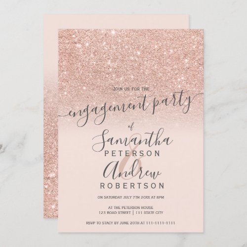 Rose gold glitter ombre blush script engagement invitation