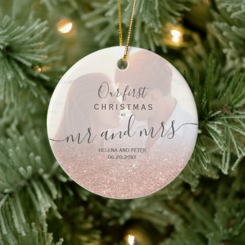 Rose gold glitter ombre blush script photo ceramic ornament