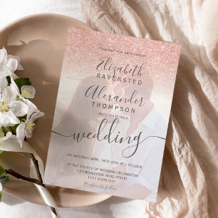 Rose gold glitter ombre blush script photo wedding invitation