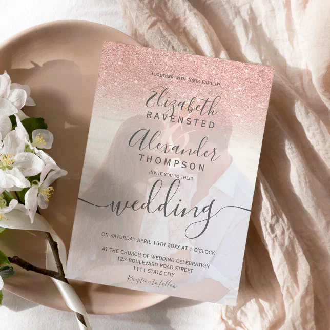 Rose gold glitter ombre blush script photo wedding invitation | Zazzle