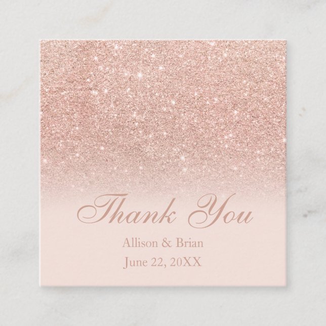 Rose gold glitter ombre blush thank you wedding square business card (Front)