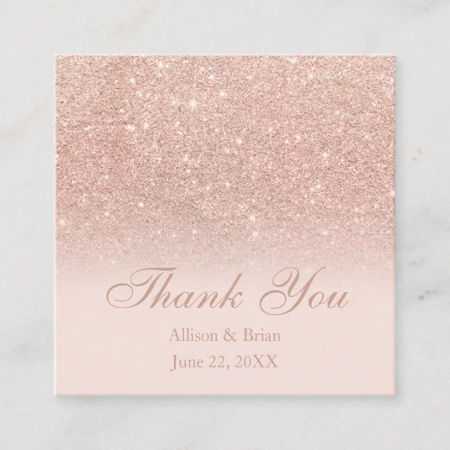 Rose gold glitter ombre blush thank you wedding square business card ...