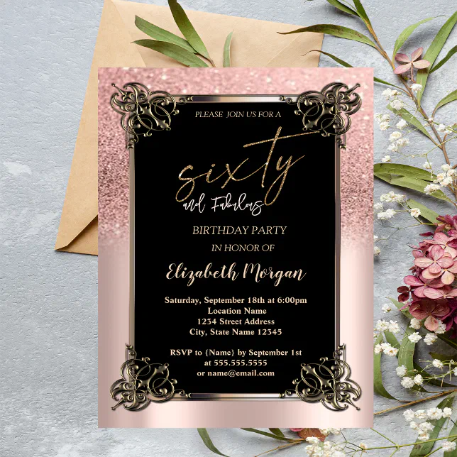 Border Design 60th Rose Gold Glitter Ombre Border 60th Birthday Party Invitation | Zazzle