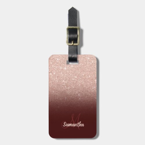 Rose gold glitter ombre burgundy add your name luggage tag