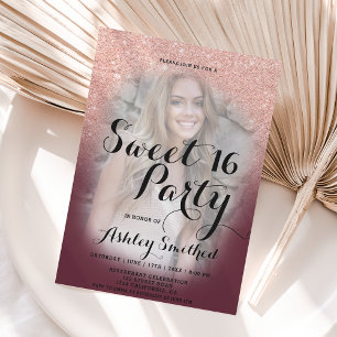 Rose gold glitter ombre burgundy photo Sweet 16 Invitation
