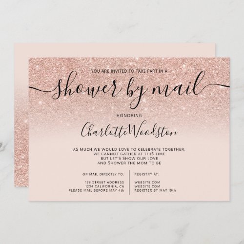 Rose gold glitter ombre cancelled shower by mail invitation