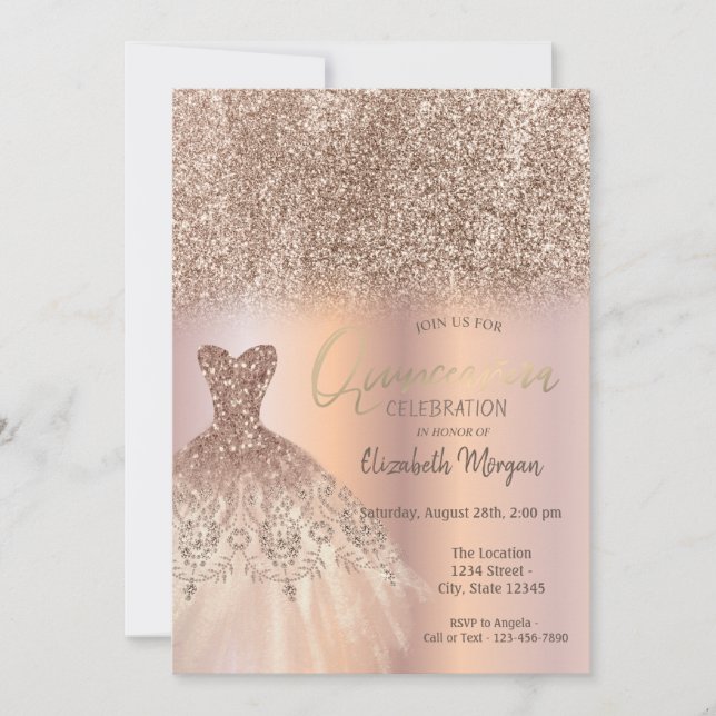 Rose Gold Glitter Ombre Chic Dress Quinceañera Invitation (Front)
