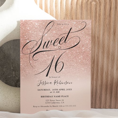 Rose gold glitter ombre chic script pink Sweet 16 Invitation