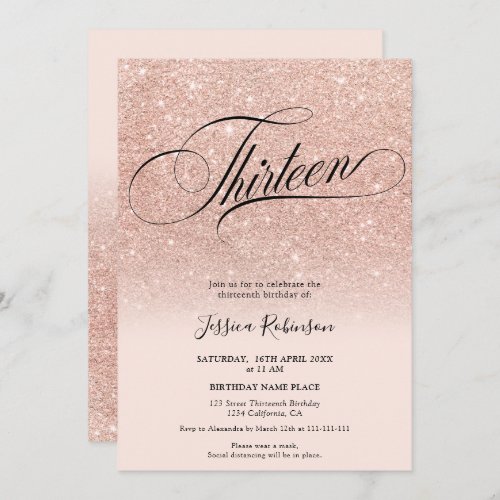 Rose gold glitter ombre chic script pink Thirteen  Invitation
