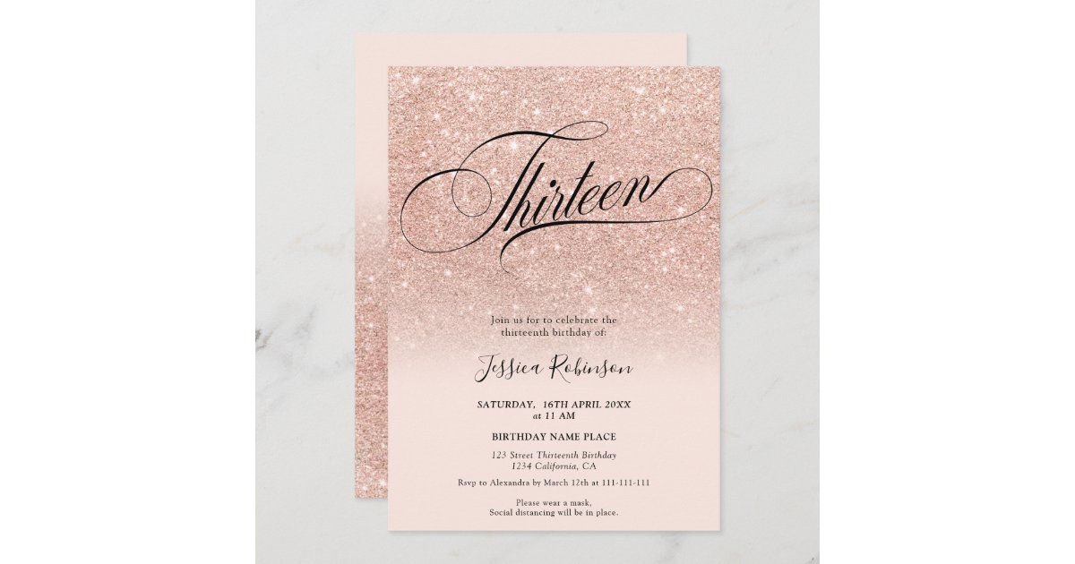 Rose gold glitter ombre chic script pink Thirteen Invitation | Zazzle