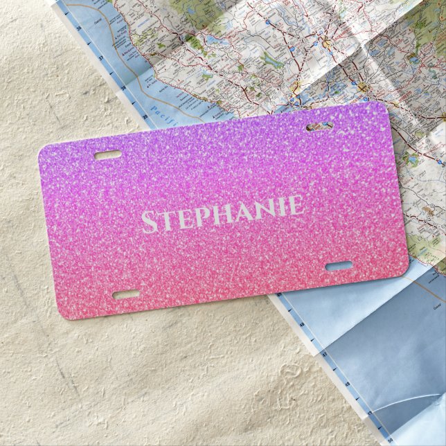 Rose Gold Glitter Ombre Custom Name White Pink License Plate (In Situ)