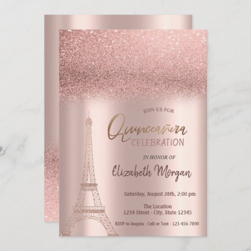 Rose Gold Glitter Ombre Eiffel Tower Quinceanera  Invitation