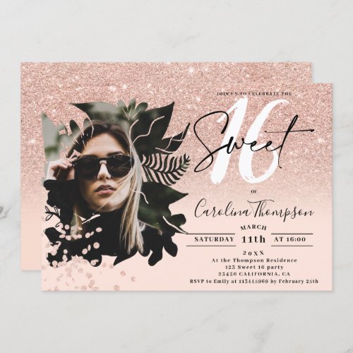 Rose gold glitter ombre floral pink photo Sweet 16 Invitation