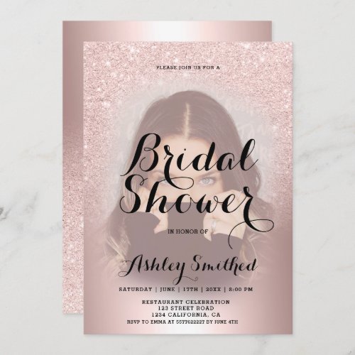 Rose gold glitter ombre foil photo bridal shower invitation