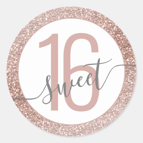 Rose Gold Glitter Ombre Gray Birthday Sweet 16  Classic Round Sticker