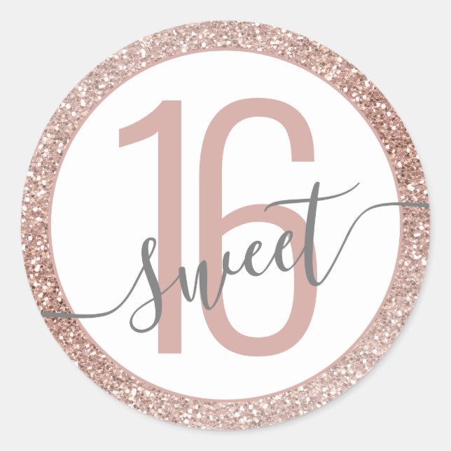 Rose Gold Glitter Ombre Gray Birthday Sweet 16  Classic Round Sticker (Front)
