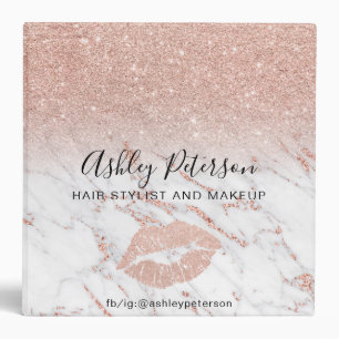 Rose gold glitter ombre hair makeup marble pattern 3 ring binder