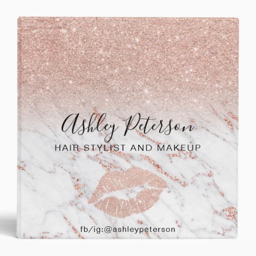 Rose gold glitter ombre hair makeup marble pattern 3 ring binder