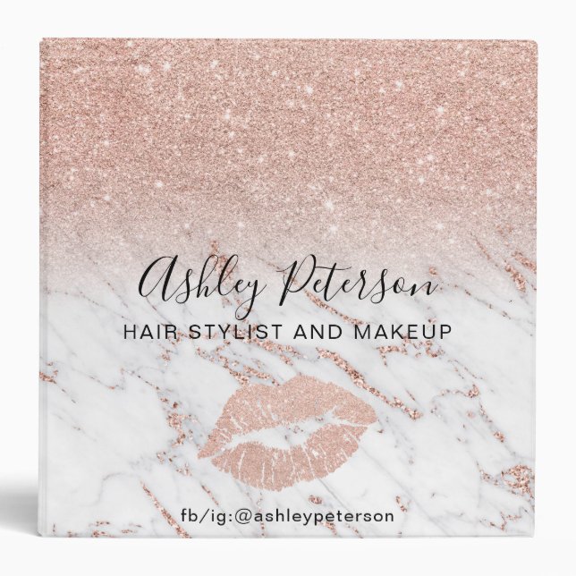 Rose gold glitter ombre hair makeup marble pattern 3 ring binder (Front)