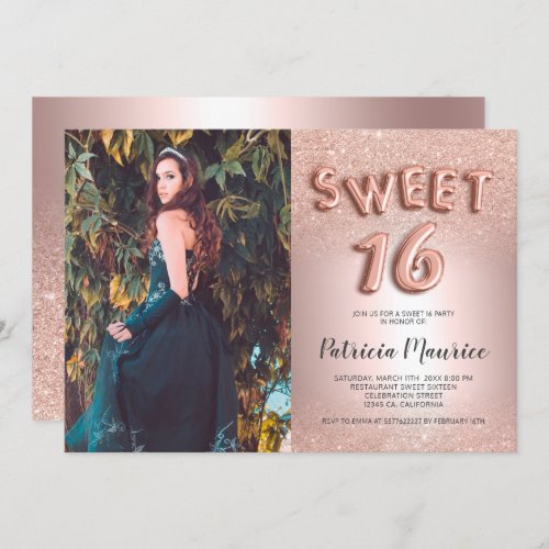 Rose gold glitter ombre letter foil photo sweet 16 invitation