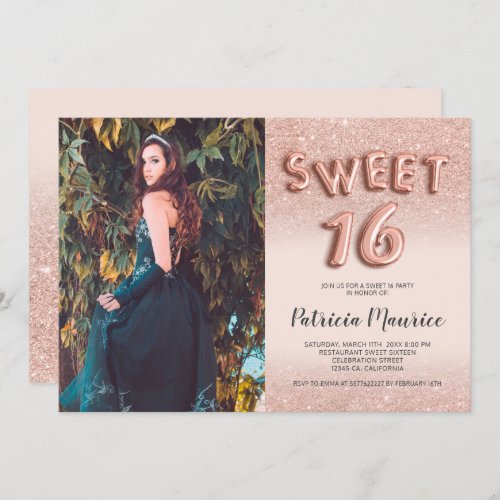 Rose gold glitter ombre letter pink photo sweet 16 invitation