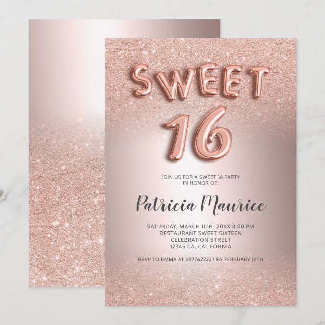Rose gold glitter ombre letters metallic sweet 16 invitation (Front/Back)