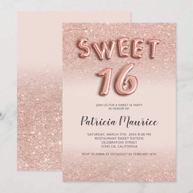 Rose gold glitter ombre letters pink chic sweet 16 invitation (Front/Back)