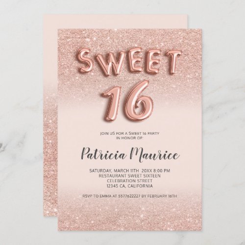 Rose gold glitter ombre letters pink chic sweet 16 invitation