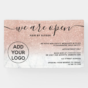 Rose gold glitter ombre logo marble We're open Banner